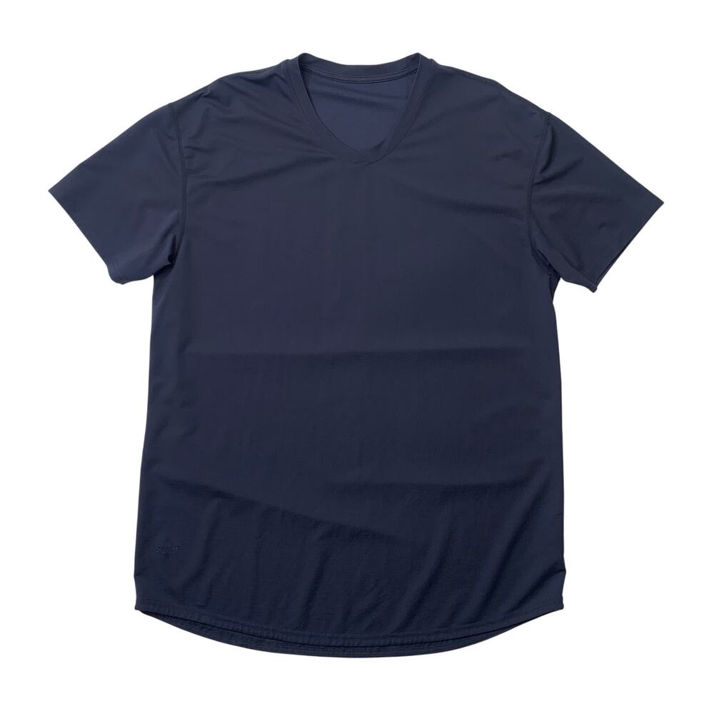 BYLT Shirt Mens L Large Navy V Neck Performance Stretch Droptail Curve Hem Tee